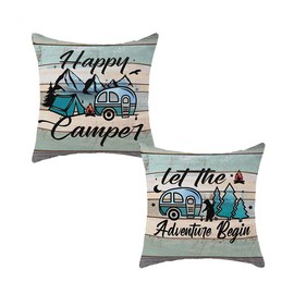 ReHeBaZi Happy Camper Pillow Covers Set of 2, Vintage Decorative Camping Pillow Cover Camper Decorations for Inside Gifts for Outdoor Travel Pillowcases for RV Couch Living Room (Insert Excluded)