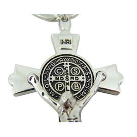 Silver Toned with Black Enamel Accent Saint Benedict Crucifix Key Chain, 3 Inch