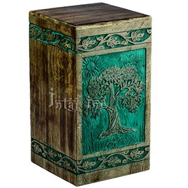 INTAJ Tree of life Engraved Rosewood Cremation Urn for Human Ashes, Adult Large Wooden Keepsake Urn for Ashes, Handmade Funeral Urn, Wood Urn Box (Medium - 150 lbs, Teal Green)