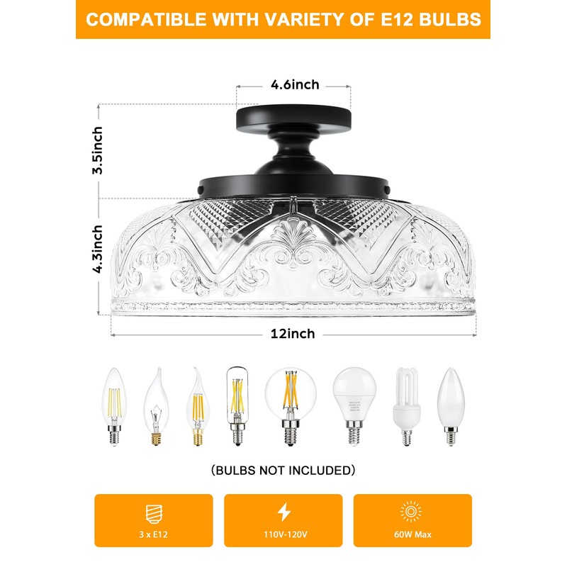 Slypadan Semi Flush Mount Ceiling Light, 12 Inch Large Black