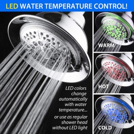 Hotel Spa 6-setting 5" Rechargable LED Shower Head with Light Switch - Turn LED Light ON/OFF when desired. LED Color Changes with Running Water Temperature. Solid Brass Connection/All Chrome Finish