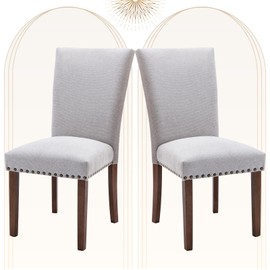 COLAMY Upholstered Parsons Dining Chairs Set of 2, Fabric Dining Room Kitchen Side Chair with Nailhead Trim and Wood Legs - Light Grey