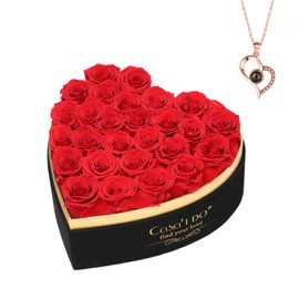 Casaido Forever Real Roses 27 Pcs, Preserved Flowers in Heart Shape Box with Necklace, Flower for Delivery Prime Valentines Day Gift for Her Mothers Day Anniversary for Mom Wife Girlfriend, Red