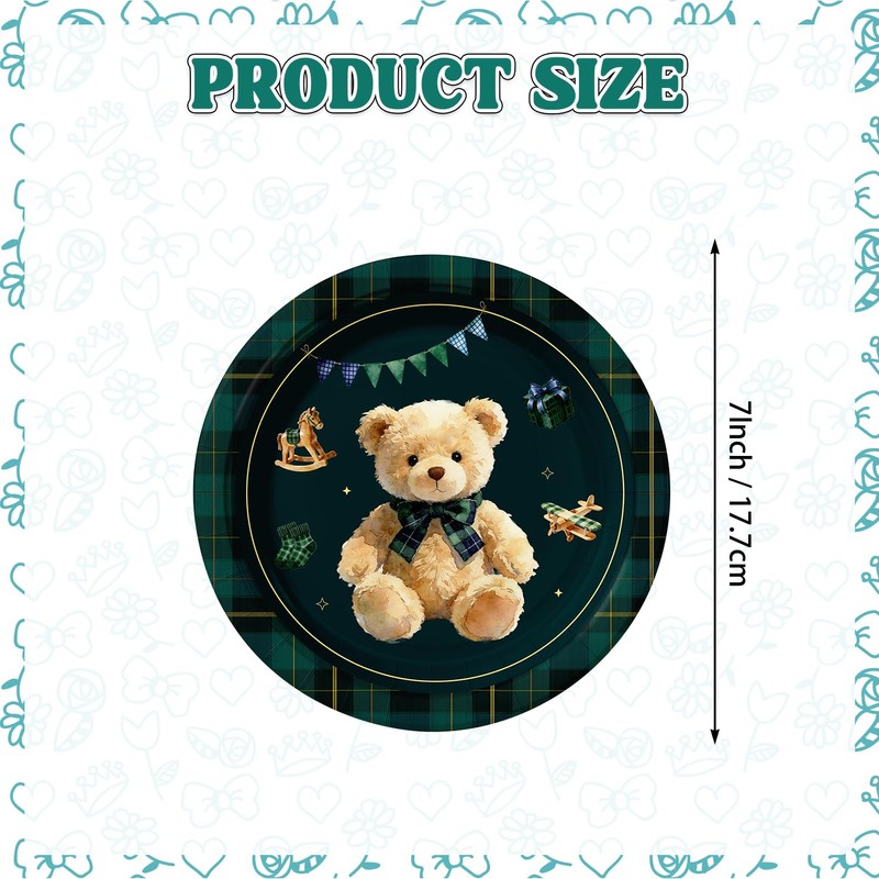 60Pcs Teddy Bear Baby Shower Decorations 7in Green Blue Tartan
