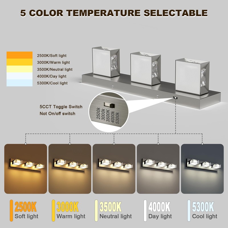 Joossnwell Brushed Nickel Bathroom Vanity Light Crystal 5CCT Dimmable Bathroom