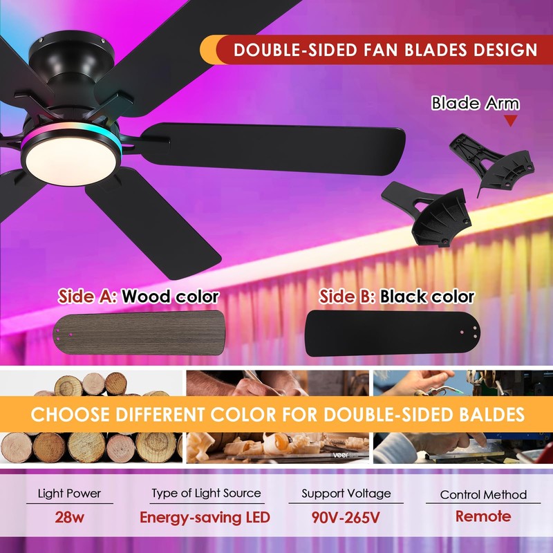 Mpayel Ceiling Fans with Lights- 52" RGB Low Profile Indoor
