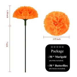 Antenda Artificial Marigold Flower Heads,Silk Marigold Heads Bulk and 12 Monarch Butterfly for Dia De Los Muertos Diwali Decorations for Home Wreath Garland DIY Day of The Dead Altar Decor Orange