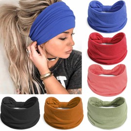 Awumbuk Wide Headbands for Women Knotted No Slip Head Bands Soft Turban Headband Hair Accessories Boho African Solid Color Head Wraps for Women Yoga Workout Pack of 6