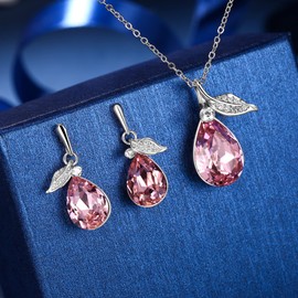 EleQueen Austrian Crystal Cubic Zirconia Silver-Tone Pink Leaf Vine Teardrop Pendant Necklace Dangle Earrings Jewelry Sets for Women Christmas Valentine's Day Mother's Day