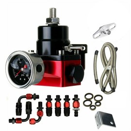 Aikosin Black-Red Adjustable Universal Aluminum Fuel Pressure Regulator Kit EFI Bypass Return 0-100psi Gauge -6AN 6AN Fuel Line Hose Fitting Connectors Kit
