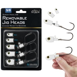 Stack Tackle 8pcs Removable Saltwater Jig Heads for Fishing - 5 Sizes (0.5oz, 0.75oz, 1oz, 1.25oz, 1.5oz) & 3 Mustad Hooks for 5" Tail Clapper - Change Weights, Freshwater Swimbait Jig Head - White