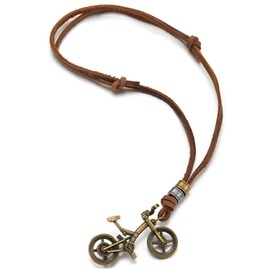 COOLSTEELANDBEYOND Men's Vintage Bronze Bicycle Pendant Necklace Brown Leather Cord Unique Rustic Boho Jewellery, Brown leather, No Gemstone