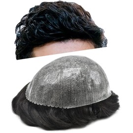 RESHE Toupee For Men Hair Piece 100% Real Remy Human Hair Toupee Men Hairpiece Poly Thin Skin Mens Hair System Hair Pieces Replacement System For Men Natural Hairline 8''X10'' #1 Jet Black