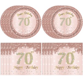 Juhap 70th Birthday Decorations, Rose Gold Birthday Party Supplies Include 20Pcs Plates 20Pcs Napkins Sweet Seventy Year Old Party Tableware for Girl Ladies Women