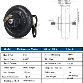 8inch Hub Motor Kit 36V 500W Brushless Hub Motor with 25A Controller Power Display Throttle, 8in Motor Wheel for DIY Electric Scooter Conversion kit (8in 36V 500W)