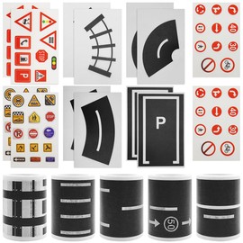 lyfLux 19 Piece Residue Free Road Tape, Car Tape Set for Toy Cars Reusable Paper Track Strips with Curves, Speed Signs, Parking Layouts, Multi-Surface Adhesive Design