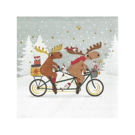 Set of 2 Individual Decoupage Paper Party Napkins Mixed Media CHRISTMAS MOOSE BIKE Decor Luncheon Beverage Christmas Series Napkin for a Birthday, Holiday, Wedding, Cocktail Party