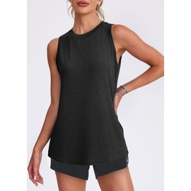 Women's Workout Tops Crew Neck Athletic Tank Tops Sleeveless Loose Fit Yoga Running Gym Shirts for Women Black L