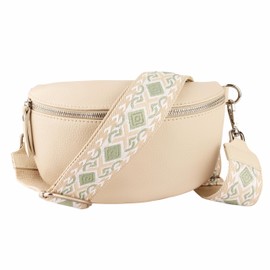 MIRROSI® Women's Bum Bag, Genuine Leather, Made in Italy, Shoulder Bag, Chest Bag, Crossbody Bag (1 Bag & 2 Straps), Beige (diamond green), bohemian