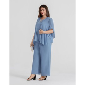 Hanna Nikole Women's Large Sizes Chiffon Evening Suit Sets Cocktail Party Festive Elegant 3-Piece Set Shirt and High Waist Trouser Suit, grey / blue