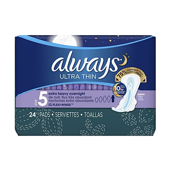 Always Ultra Thin Extra Heavy Overnight Pads with Flexi-Wings 24 ea (Pack of 8)