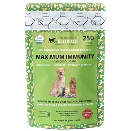 MAXIMUM IMMUNITY >25% β-glucan 100% Mushrooms Fruiting Body Extracts, Veterinarians formulation for Dogs & Cats Immune & Digestive Systems with Turkey tail & >35% β-glucan Reishi extracts.250 SERVINGS