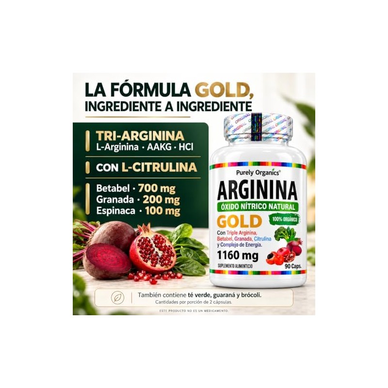 Purely Organics Arginina Gold, L-Arginina, Citrulina y Betabel, 90 Cápsulas