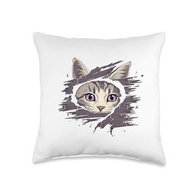Peekaboo Cat Designs Peekaboo Going Through Fabric Cute Scary Cat Peeking Out Throw Pillow, 16x16, Multicolor