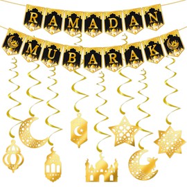 Ramadan Decoration, Ramadan Mubarak Banner Decoration, Gold Star Moon Lantern Garland Pendant, Eid Mubarak Hanging Sign Islamic, for Eid Islamic Ramadan Kareem Decor Party Accessories