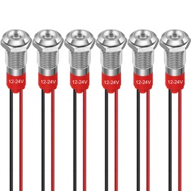 GUUZI 8mm LED Indicator Light 12-24V Waterproof Signal Light Metal Plate LED Indicator Signal Light Plate Mount Flat Head with Wires Silver Housing (White, 6 Pieces)