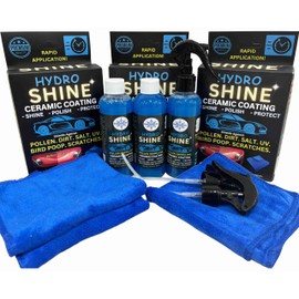 HydroShine EZ Instant Nano-Ceramic Spray Kit (3 Pack) – Rapid 20 Min Application - Streak Free, No Hassle Shine/Protection. Hydrophobic. UV. Pollen. Dirt. Bird Poop. 1 Bottle = 2 Coatings = 2 Months