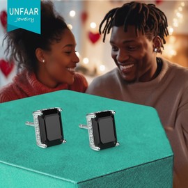 18K White Gold Plated Sterling Silver Emerald Cut Cubic Zirconia Stud Earrings for Women Men Rectangle CZ Diamond Stud Earrings (Black, 4mm*6mm)
