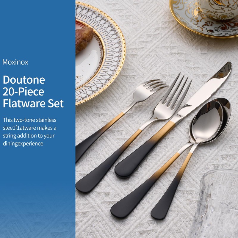 Moxinox 20-Piece Black Gold and Silverware Set, 18/0 Stainless Steel