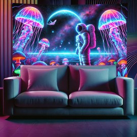 Starlit Patio Blacklight Astronaut Tapestry UV Reactive Glow in The Dark Plants Jellyfish Wall Tapestry Neon Galaxy Space Wall Hanging for Bedroom Living Room Dorm 78 x 59 Inches
