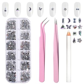 Nail Parts Line Stone 12 Compartments About 1440 Pieces 3D Acrylic Rhinestone Craft Parts DIY Nail Decoration Diamond Heart Rectangle Round with 1 Dot Pen and 2 Pink Tweezers (Shaped Diamond, White AB