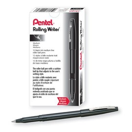 Pentel Rolling Writer Pen, 0.8 Millimeter Cushion Ball Tip, Black Ink,  12 pens (R100-A)
