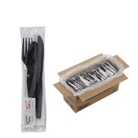 150 Plastic Cutlery Packets - Knife Fork Spoon Napkin Salt Pepper Sets | Black Plastic Silverware Sets Individually Wrapped Cutlery Kits, Bulk Plastic Utensil Cutlery Set Disposable To Go Silverware