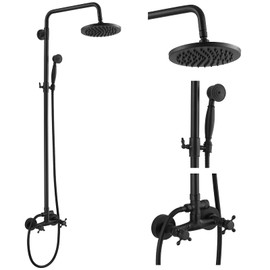 Dual Functions Exposed Pipe Shower System Round 8 Inch Rainfall Shower Head Brass Fixture Combo Set Two Handles Bathroom Shower Faucet Adjustable Showerhead Bar,Matte Black