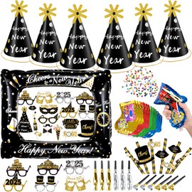 iZoeL New Year's Eve Decoration 2025 Party Set New Year Party Hats New Year's Eve Party Photo Props Confetti Cannon Party Drinking Straws Celebration Party Red Black Gold Decoration