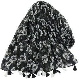 MAIRY Scarfs for Women Ladies Lightweight Soft Black White Flower with Tassels Cotton Linen Long Large Shawls and Wraps, 0Y72201