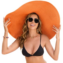Oversized Beach Hat for Women Wide Brim Straw Sun Hat UPF 50+ UV Protection Foldable Packable Travel Vacation Pool Outdoor Brown