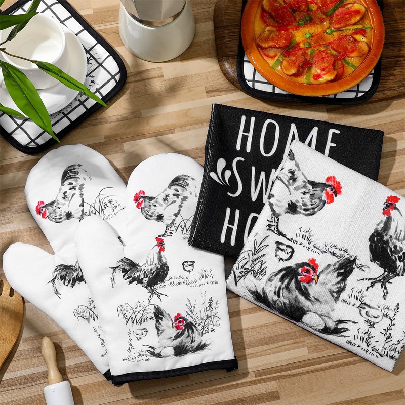 Leinuosen 6 Farmhouse Rooster Chicken Oven Mitts and Pot Holders