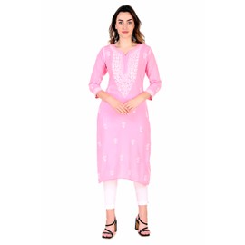ladyline Womens Plain Maslin Silk Lakhnavi Handwork Embroidery Kurti Tunic Kurta Dress, Pink, 38