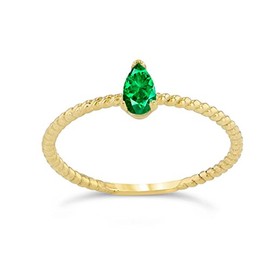 Dainty 10k Yellow Gold Solitaire Emerald Pear-Shaped Modern Engagement Rope Ring (Size 6.5)