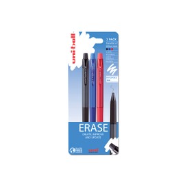 uni-ball URN-181-07 On Point Erasable Ballpoint Black, Blue and Red Gel Pens. Premium 0.7mm Rollerball Tip for Smooth Handwriting. Easy-Retract Eraser for Secure and Stable Rubbing Out. Pack Of 3