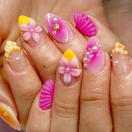 IMSOHOT Press on Nails Medium Almond Fake Nails Yellow Pink Gradient False Nails with 3D Flower Designs Full Cover Acrylic Gel Handmade Stick on Nails for Women Girls DIY Nail Manicure 24Pcs