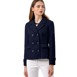 Allegra K Women's Notched Lapel Double Breasted Pea Coat Small Dark Blue