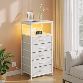 Seventable Nightstand with 5 Fabric Drawers, Bedside Table with Charging Station, Side Table with LED Lights, Night Stand Table for Bedroom, White