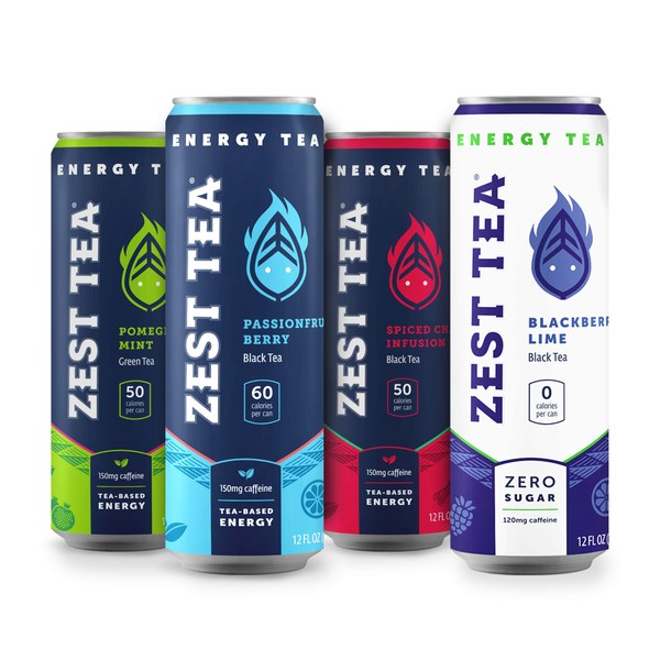 ZEST Plant Powered Energy Drink (Variety Pack) | Non GMO High Caffeine Teas | Low Sugar and Calorie | Keto Coffee Replacement | Brain Boosting Nootropics: B Vitamins and L-Theanine (Focus Aid Amino Acid) - 12 x 12 ounces