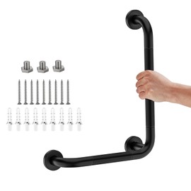L-Shaped Angled Grab Bar 12x16 Inch Matte Black Anti-Slip Knurled Shower Handles Wall Mount, Stainless Steel Shower Bars for Seniors Injured Balance Support, Handicap Grab Bars for Bathtubs & Showers